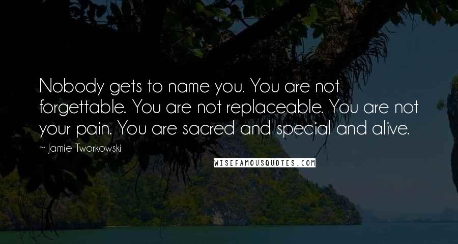 Jamie Tworkowski Quotes: Nobody gets to name you. You are not forgettable. You are not replaceable. You are not your pain. You are sacred and special and alive.