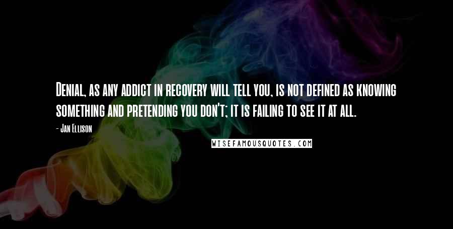 Jan Ellison Quotes: Denial, as any addict in recovery will tell you, is not defined as knowing something and pretending you don't; it is failing to see it at all.