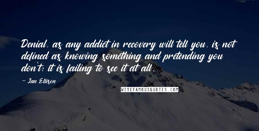 Jan Ellison Quotes: Denial, as any addict in recovery will tell you, is not defined as knowing something and pretending you don't; it is failing to see it at all.