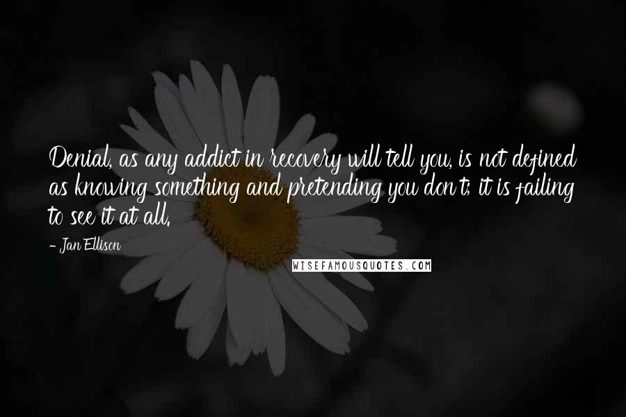 Jan Ellison Quotes: Denial, as any addict in recovery will tell you, is not defined as knowing something and pretending you don't; it is failing to see it at all.