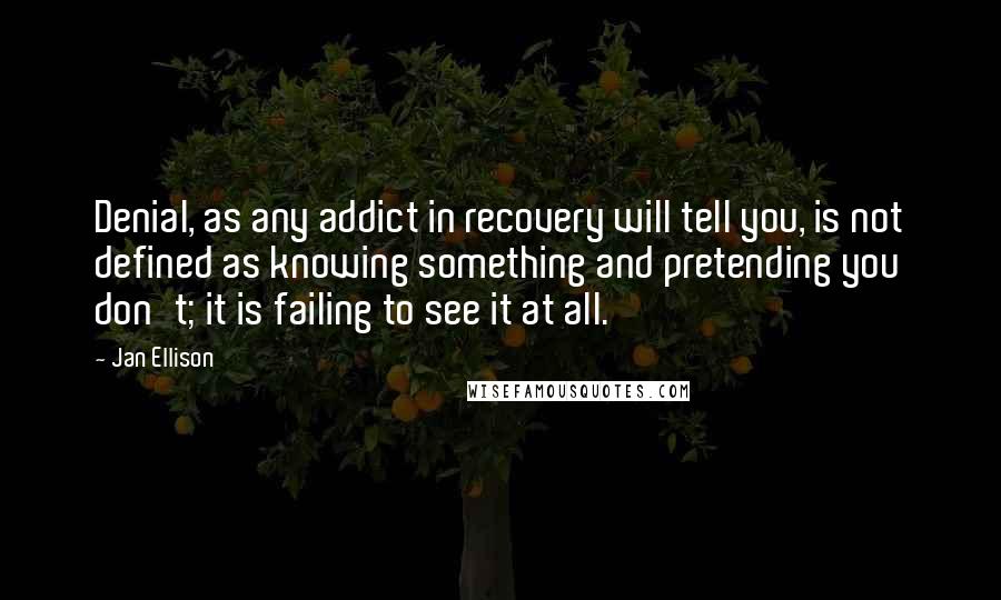 Jan Ellison Quotes: Denial, as any addict in recovery will tell you, is not defined as knowing something and pretending you don't; it is failing to see it at all.