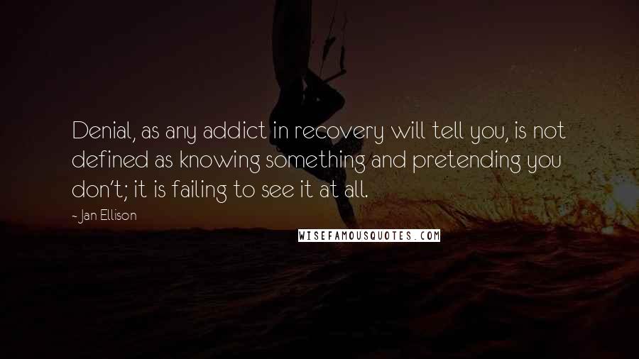 Jan Ellison Quotes: Denial, as any addict in recovery will tell you, is not defined as knowing something and pretending you don't; it is failing to see it at all.