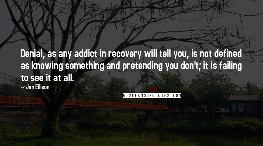 Jan Ellison Quotes: Denial, as any addict in recovery will tell you, is not defined as knowing something and pretending you don't; it is failing to see it at all.