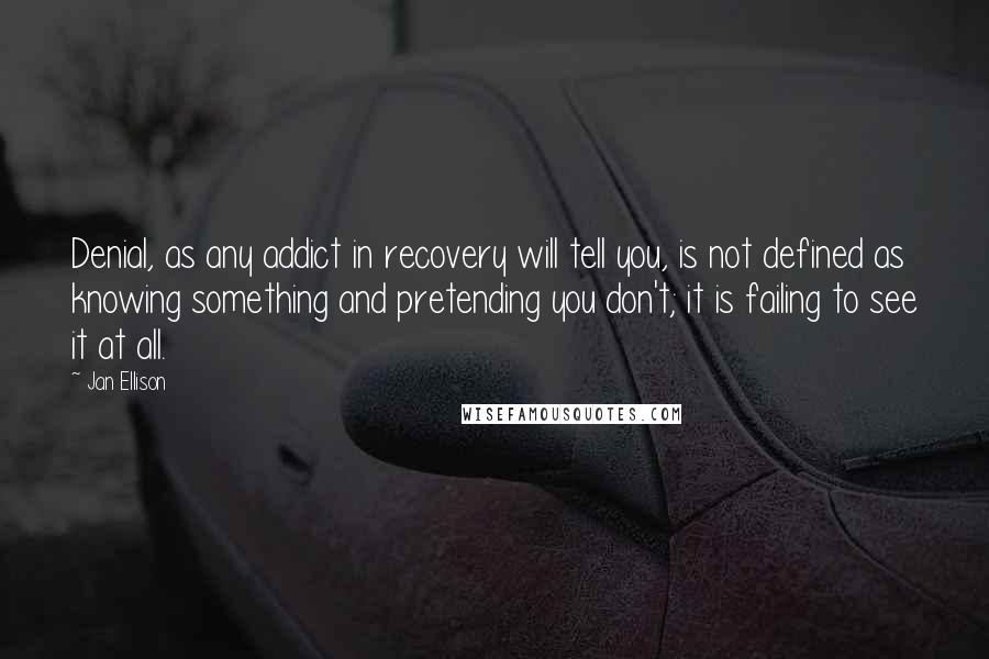 Jan Ellison Quotes: Denial, as any addict in recovery will tell you, is not defined as knowing something and pretending you don't; it is failing to see it at all.