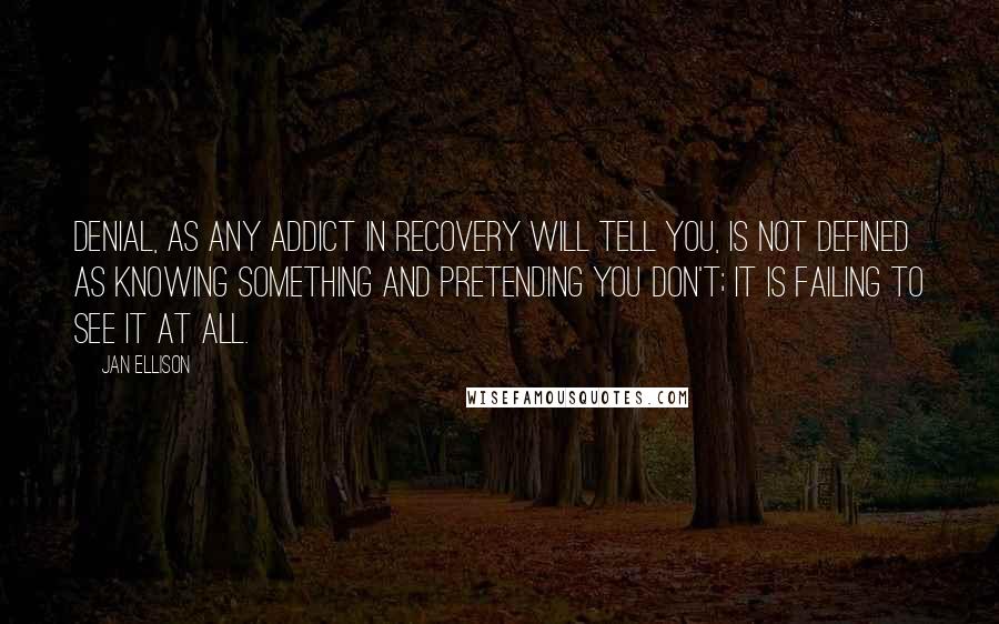 Jan Ellison Quotes: Denial, as any addict in recovery will tell you, is not defined as knowing something and pretending you don't; it is failing to see it at all.