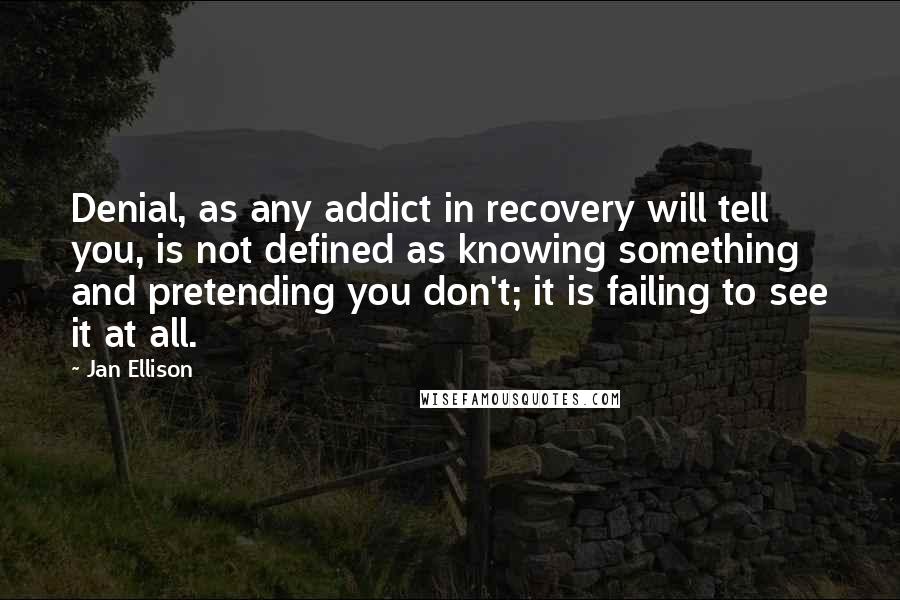 Jan Ellison Quotes: Denial, as any addict in recovery will tell you, is not defined as knowing something and pretending you don't; it is failing to see it at all.