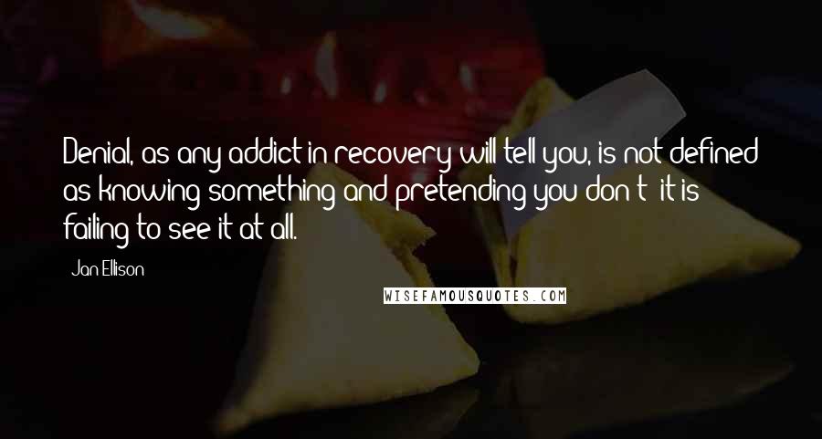 Jan Ellison Quotes: Denial, as any addict in recovery will tell you, is not defined as knowing something and pretending you don't; it is failing to see it at all.