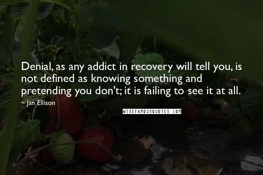 Jan Ellison Quotes: Denial, as any addict in recovery will tell you, is not defined as knowing something and pretending you don't; it is failing to see it at all.