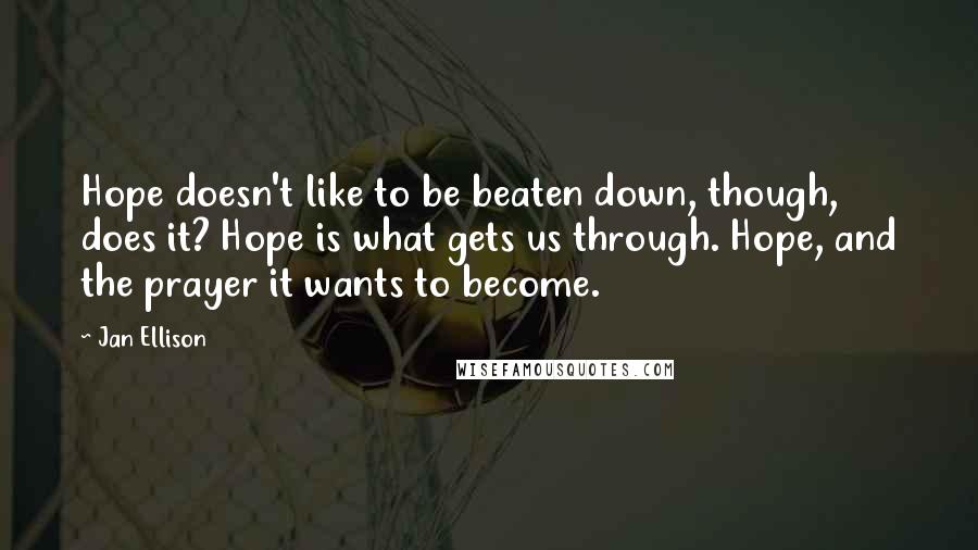 Jan Ellison Quotes: Hope doesn't like to be beaten down, though, does it? Hope is what gets us through. Hope, and the prayer it wants to become.