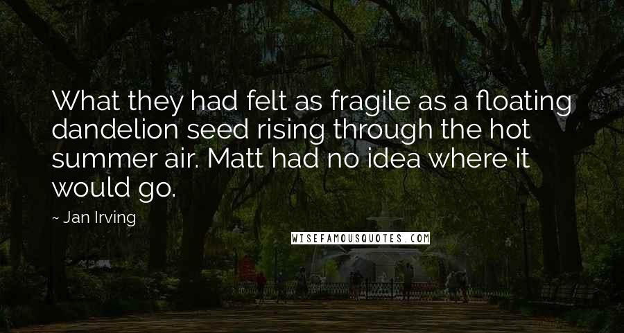 Jan Irving Quotes: What they had felt as fragile as a floating dandelion seed rising through the hot summer air. Matt had no idea where it would go.