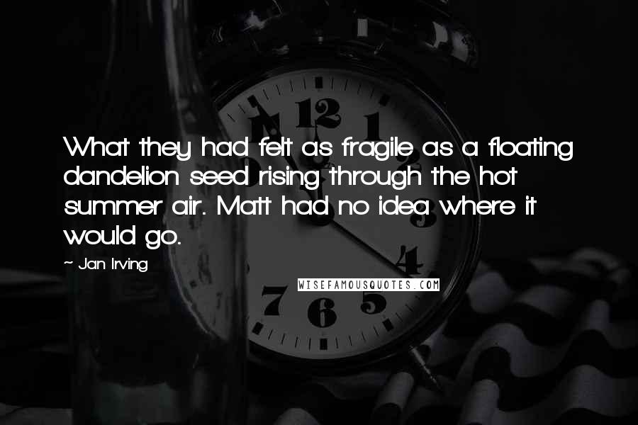 Jan Irving Quotes: What they had felt as fragile as a floating dandelion seed rising through the hot summer air. Matt had no idea where it would go.