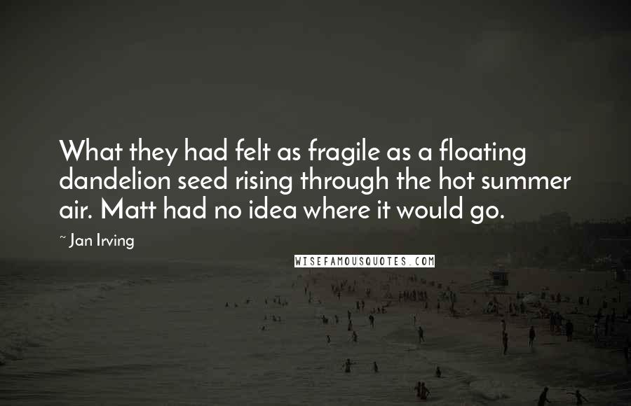 Jan Irving Quotes: What they had felt as fragile as a floating dandelion seed rising through the hot summer air. Matt had no idea where it would go.