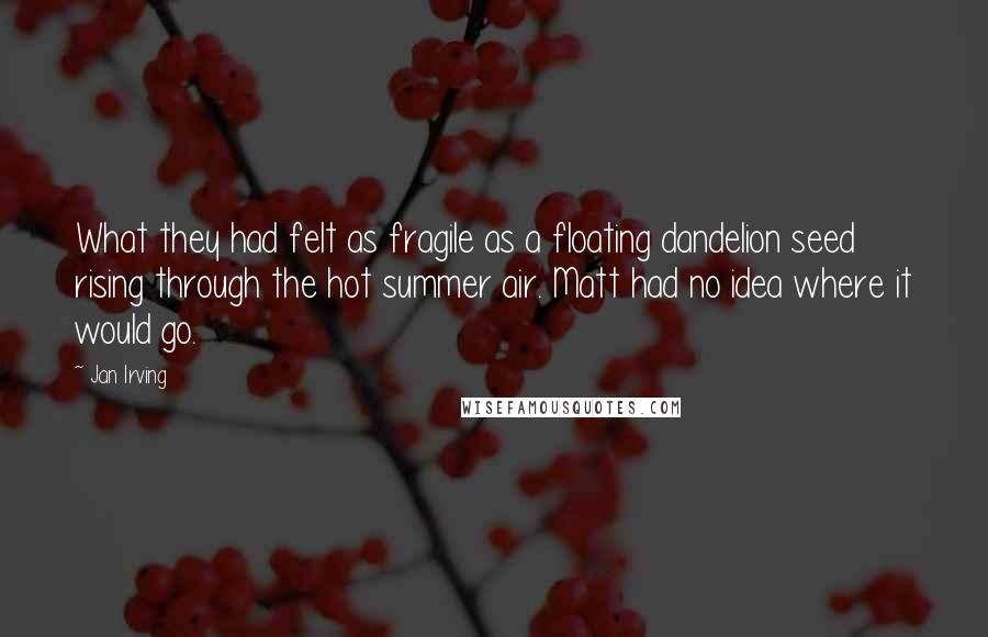 Jan Irving Quotes: What they had felt as fragile as a floating dandelion seed rising through the hot summer air. Matt had no idea where it would go.