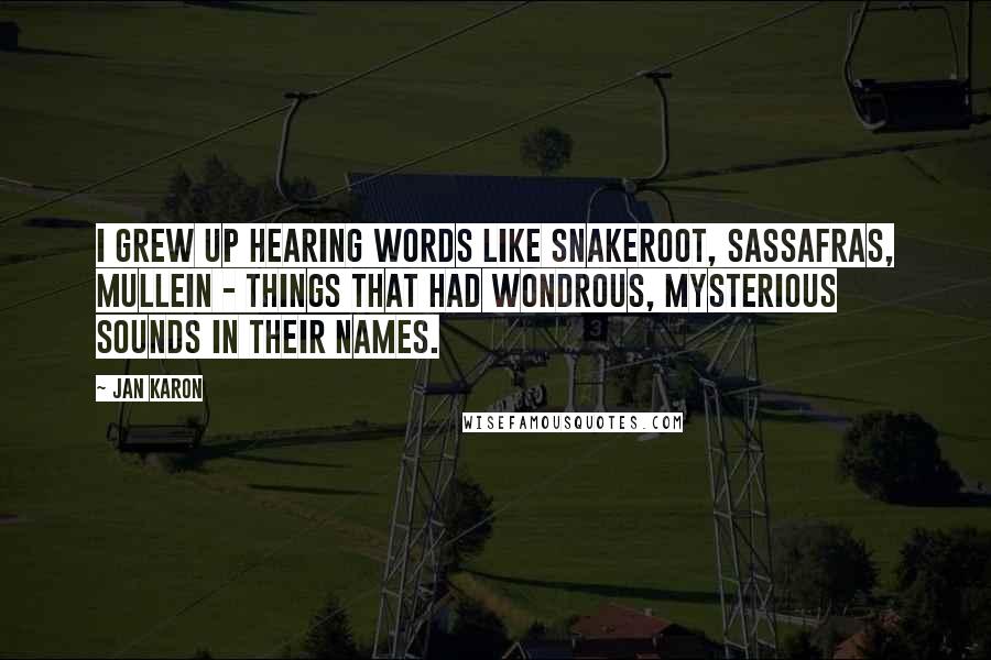 Jan Karon Quotes: I grew up hearing words like snakeroot, sassafras, mullein - things that had wondrous, mysterious sounds in their names.