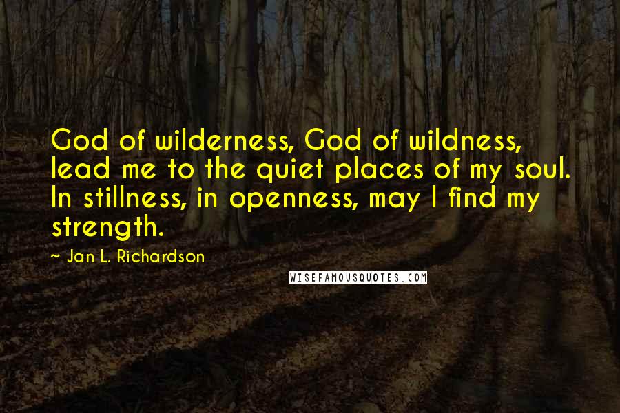 Jan L. Richardson Quotes: God of wilderness, God of wildness, lead me to the quiet places of my soul. In stillness, in openness, may I find my strength.