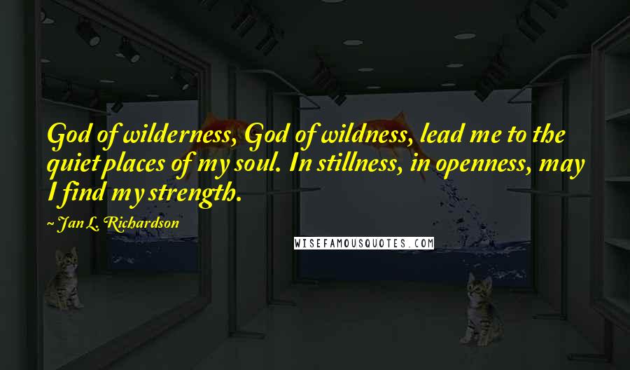 Jan L. Richardson Quotes: God of wilderness, God of wildness, lead me to the quiet places of my soul. In stillness, in openness, may I find my strength.