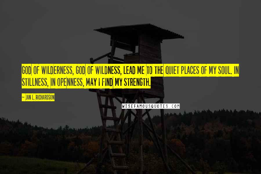 Jan L. Richardson Quotes: God of wilderness, God of wildness, lead me to the quiet places of my soul. In stillness, in openness, may I find my strength.