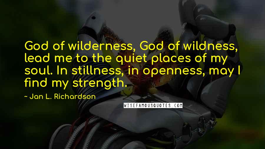 Jan L. Richardson Quotes: God of wilderness, God of wildness, lead me to the quiet places of my soul. In stillness, in openness, may I find my strength.