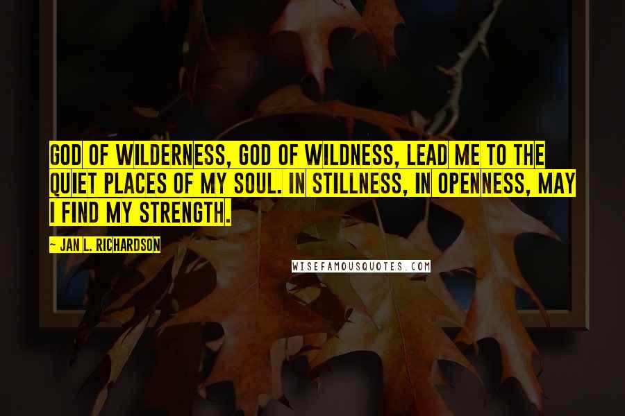 Jan L. Richardson Quotes: God of wilderness, God of wildness, lead me to the quiet places of my soul. In stillness, in openness, may I find my strength.