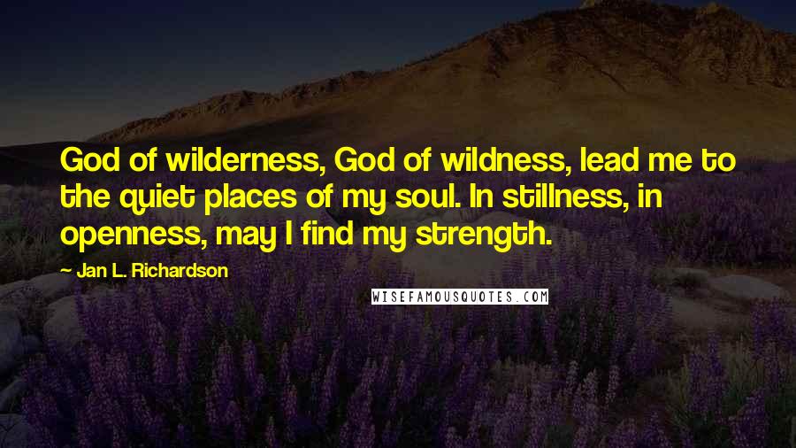 Jan L. Richardson Quotes: God of wilderness, God of wildness, lead me to the quiet places of my soul. In stillness, in openness, may I find my strength.