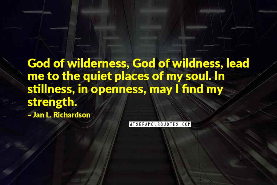 Jan L. Richardson Quotes: God of wilderness, God of wildness, lead me to the quiet places of my soul. In stillness, in openness, may I find my strength.