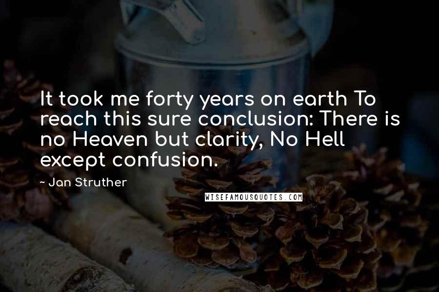 Jan Struther Quotes: It took me forty years on earth To reach this sure conclusion: There is no Heaven but clarity, No Hell except confusion.