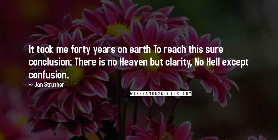 Jan Struther Quotes: It took me forty years on earth To reach this sure conclusion: There is no Heaven but clarity, No Hell except confusion.