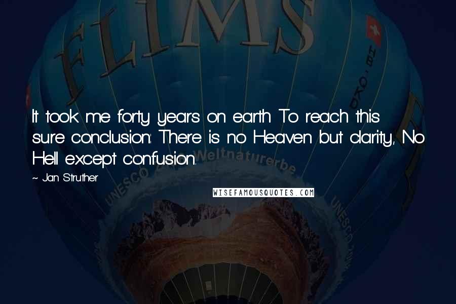 Jan Struther Quotes: It took me forty years on earth To reach this sure conclusion: There is no Heaven but clarity, No Hell except confusion.