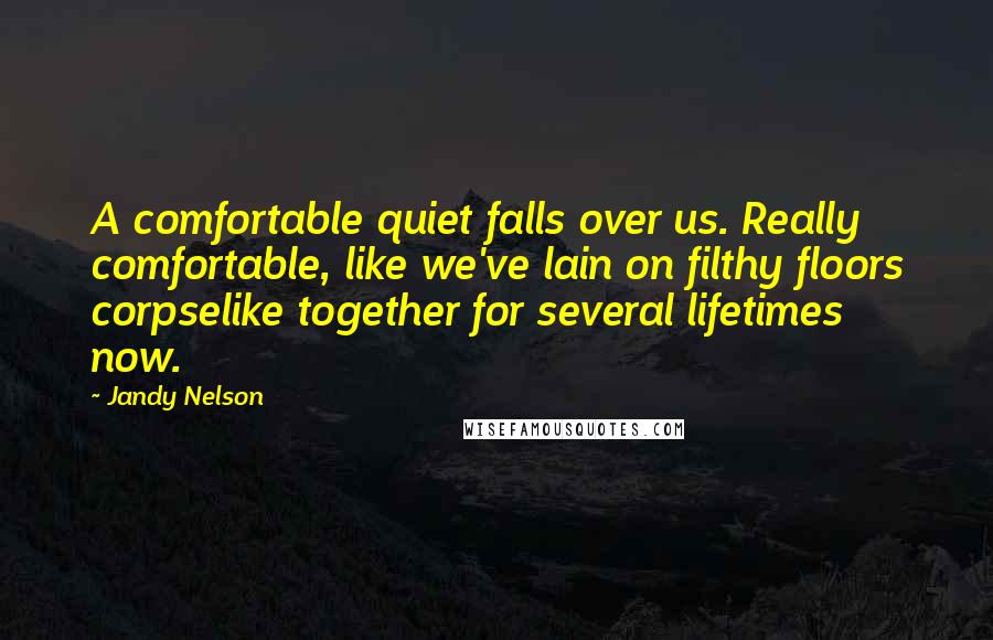 Jandy Nelson Quotes: A comfortable quiet falls over us. Really comfortable, like we've lain on filthy floors corpselike together for several lifetimes now.