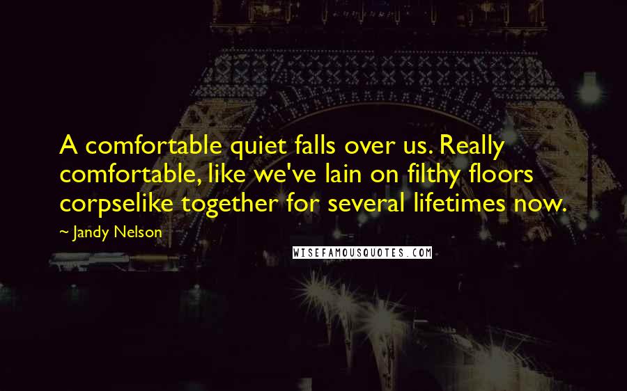 Jandy Nelson Quotes: A comfortable quiet falls over us. Really comfortable, like we've lain on filthy floors corpselike together for several lifetimes now.