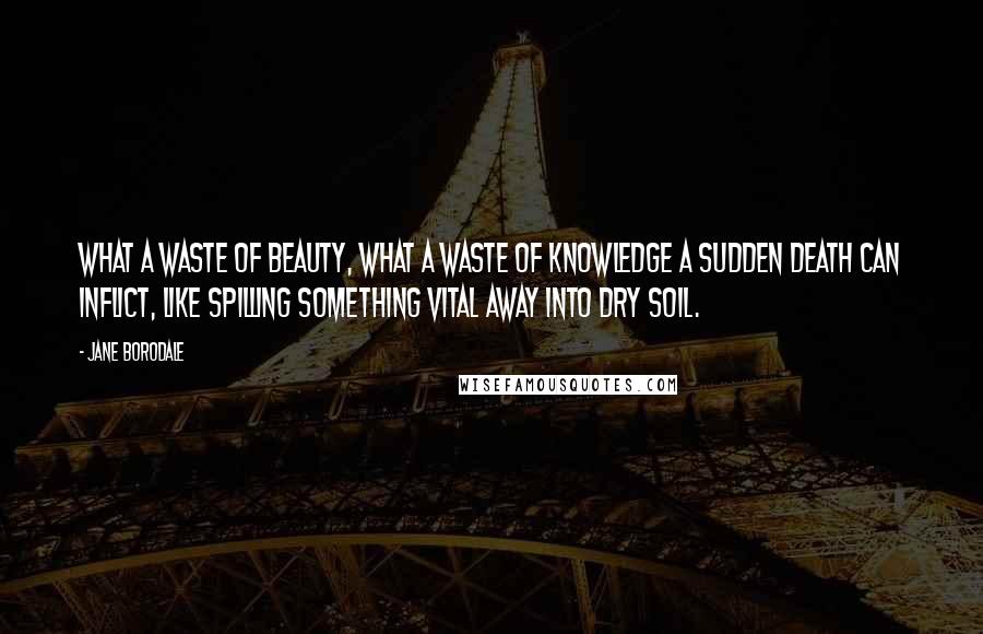 Jane Borodale Quotes: What a waste of beauty, what a waste of knowledge a sudden death can inflict, like spilling something vital away into dry soil.