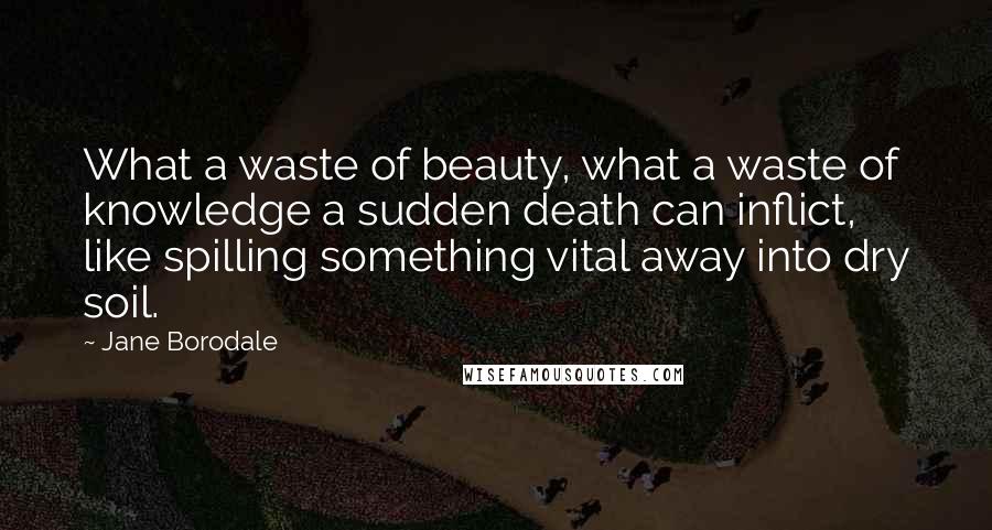 Jane Borodale Quotes: What a waste of beauty, what a waste of knowledge a sudden death can inflict, like spilling something vital away into dry soil.