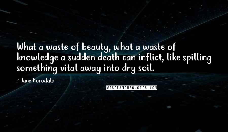 Jane Borodale Quotes: What a waste of beauty, what a waste of knowledge a sudden death can inflict, like spilling something vital away into dry soil.