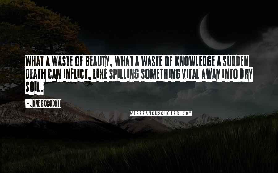 Jane Borodale Quotes: What a waste of beauty, what a waste of knowledge a sudden death can inflict, like spilling something vital away into dry soil.