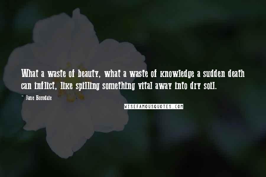 Jane Borodale Quotes: What a waste of beauty, what a waste of knowledge a sudden death can inflict, like spilling something vital away into dry soil.