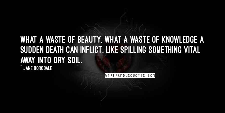 Jane Borodale Quotes: What a waste of beauty, what a waste of knowledge a sudden death can inflict, like spilling something vital away into dry soil.