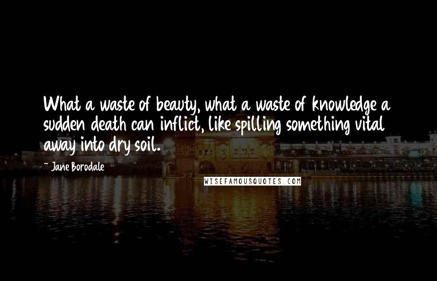 Jane Borodale Quotes: What a waste of beauty, what a waste of knowledge a sudden death can inflict, like spilling something vital away into dry soil.