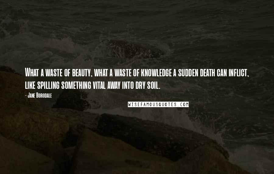 Jane Borodale Quotes: What a waste of beauty, what a waste of knowledge a sudden death can inflict, like spilling something vital away into dry soil.