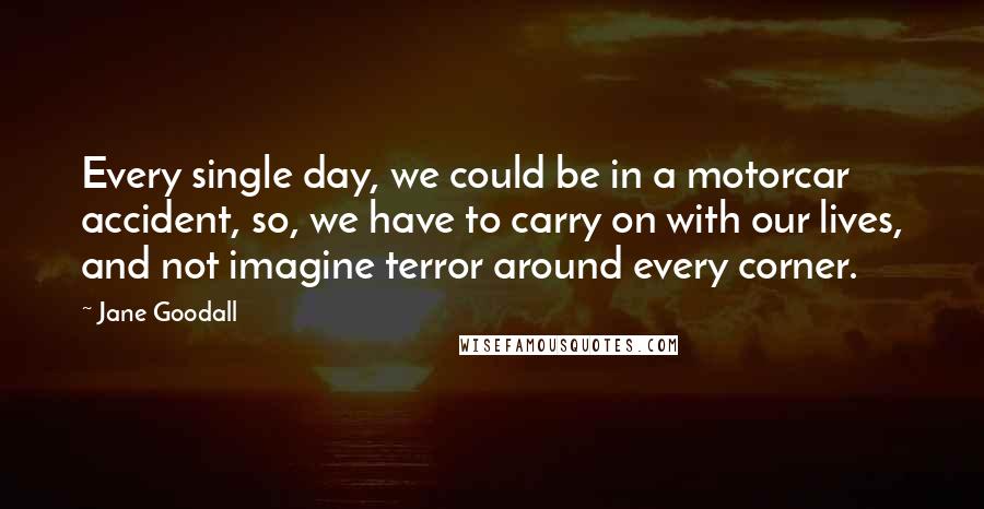 Jane Goodall Quotes: Every single day, we could be in a motorcar accident, so, we have to carry on with our lives, and not imagine terror around every corner.