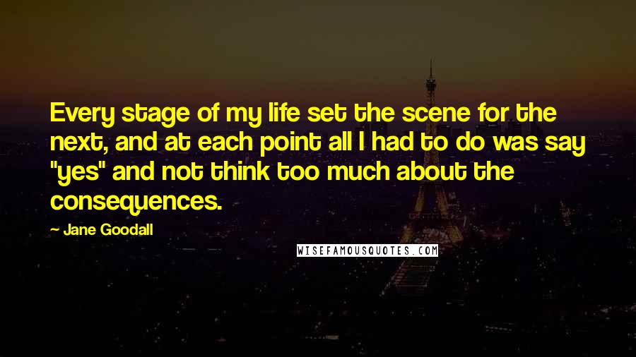 Jane Goodall Quotes: Every stage of my life set the scene for the next, and at each point all I had to do was say "yes" and not think too much about the consequences.