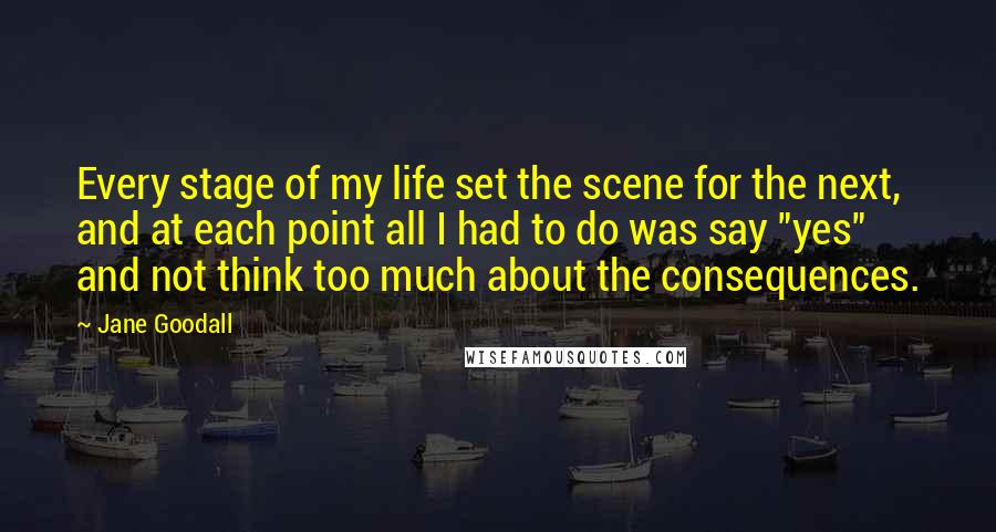 Jane Goodall Quotes: Every stage of my life set the scene for the next, and at each point all I had to do was say "yes" and not think too much about the consequences.