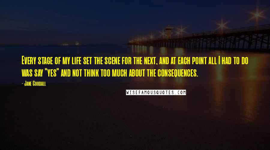 Jane Goodall Quotes: Every stage of my life set the scene for the next, and at each point all I had to do was say "yes" and not think too much about the consequences.