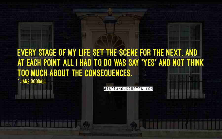 Jane Goodall Quotes: Every stage of my life set the scene for the next, and at each point all I had to do was say "yes" and not think too much about the consequences.