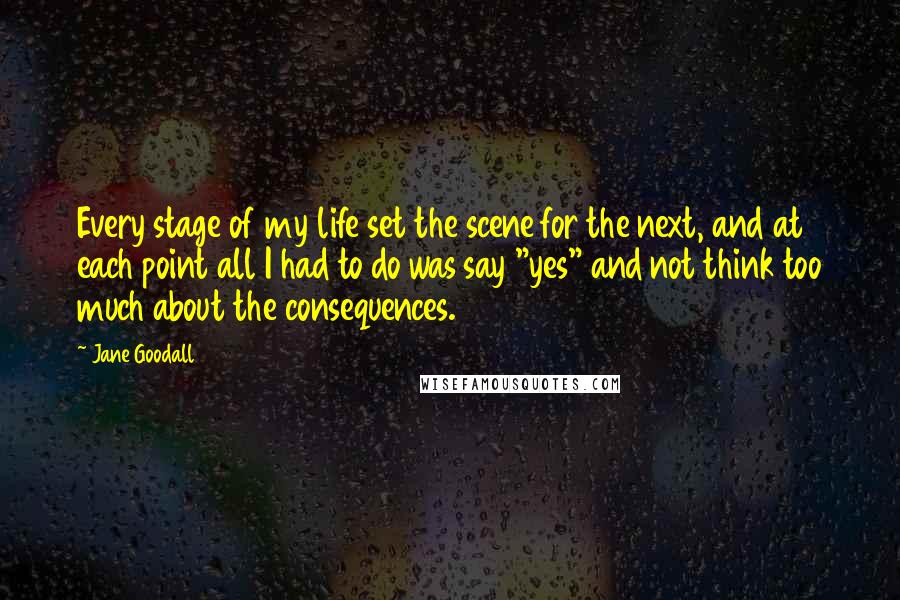 Jane Goodall Quotes: Every stage of my life set the scene for the next, and at each point all I had to do was say "yes" and not think too much about the consequences.