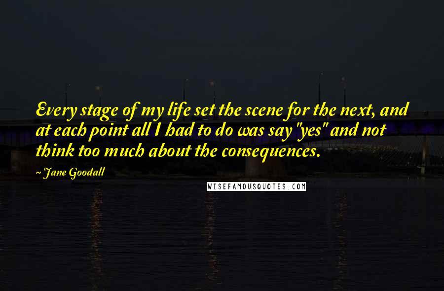 Jane Goodall Quotes: Every stage of my life set the scene for the next, and at each point all I had to do was say "yes" and not think too much about the consequences.