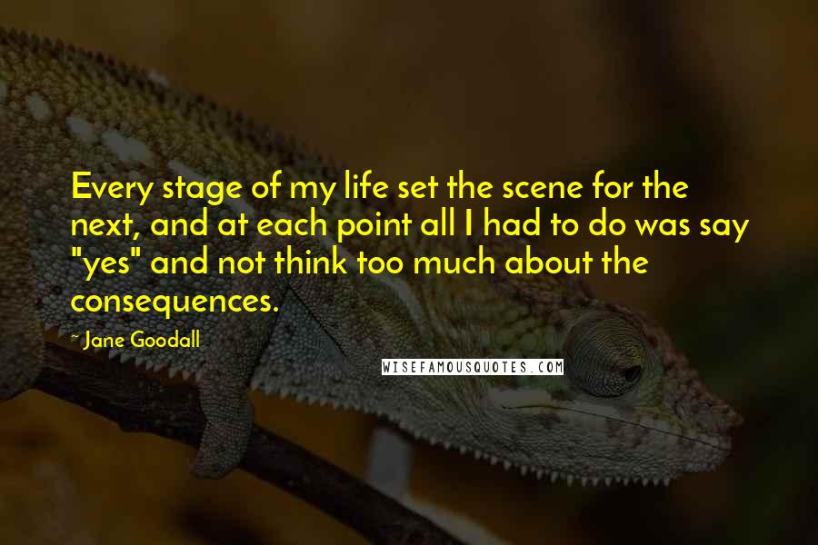 Jane Goodall Quotes: Every stage of my life set the scene for the next, and at each point all I had to do was say "yes" and not think too much about the consequences.