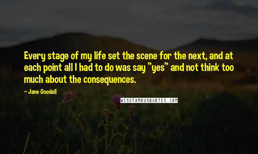 Jane Goodall Quotes: Every stage of my life set the scene for the next, and at each point all I had to do was say "yes" and not think too much about the consequences.