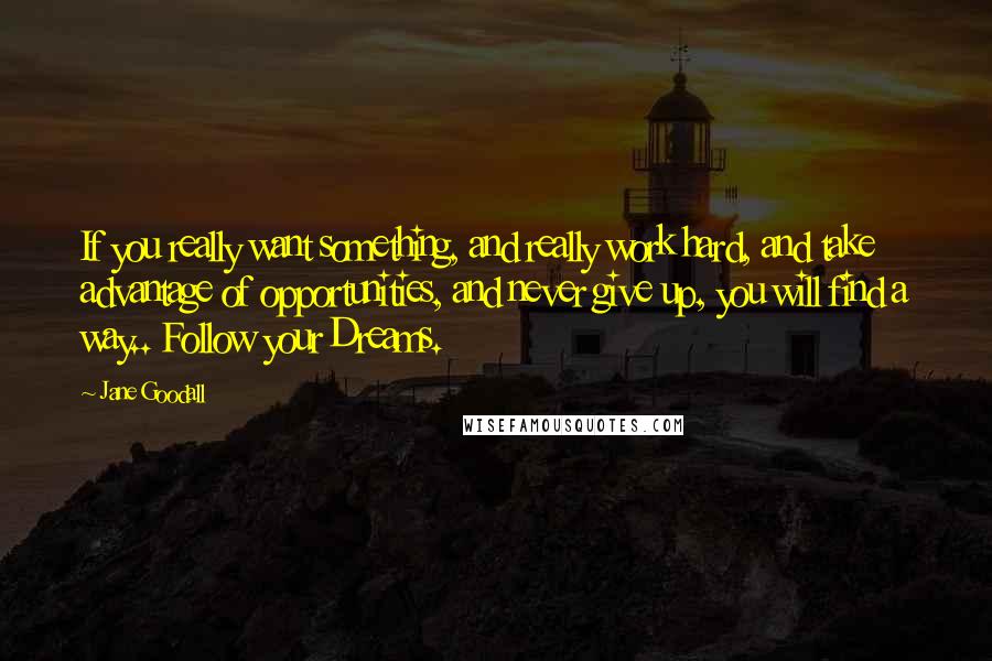 Jane Goodall Quotes: If you really want something, and really work hard, and take advantage of opportunities, and never give up, you will find a way.. Follow your Dreams.