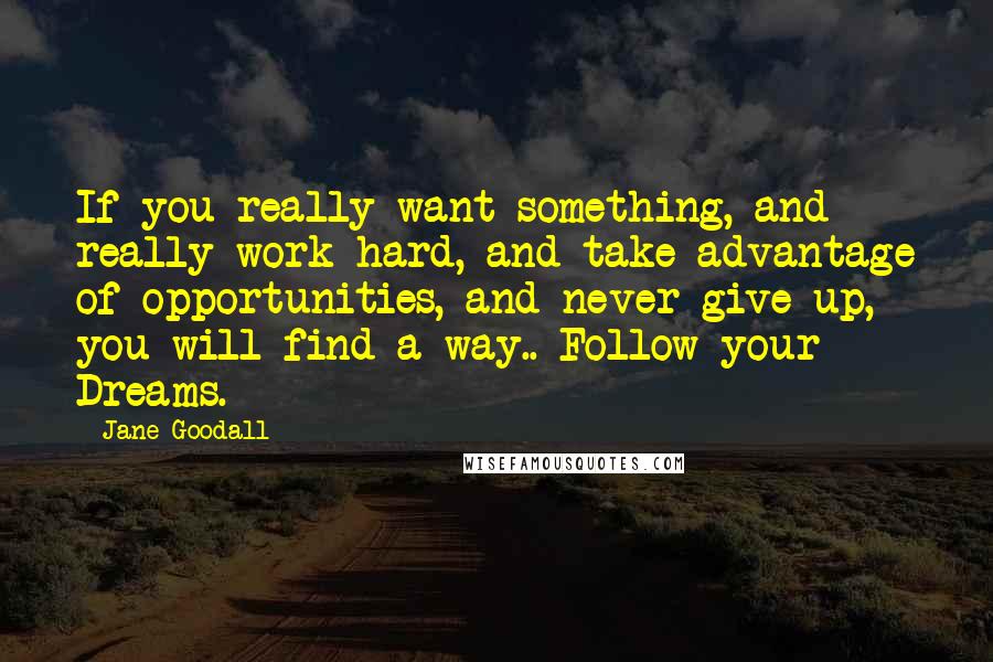 Jane Goodall Quotes: If you really want something, and really work hard, and take advantage of opportunities, and never give up, you will find a way.. Follow your Dreams.