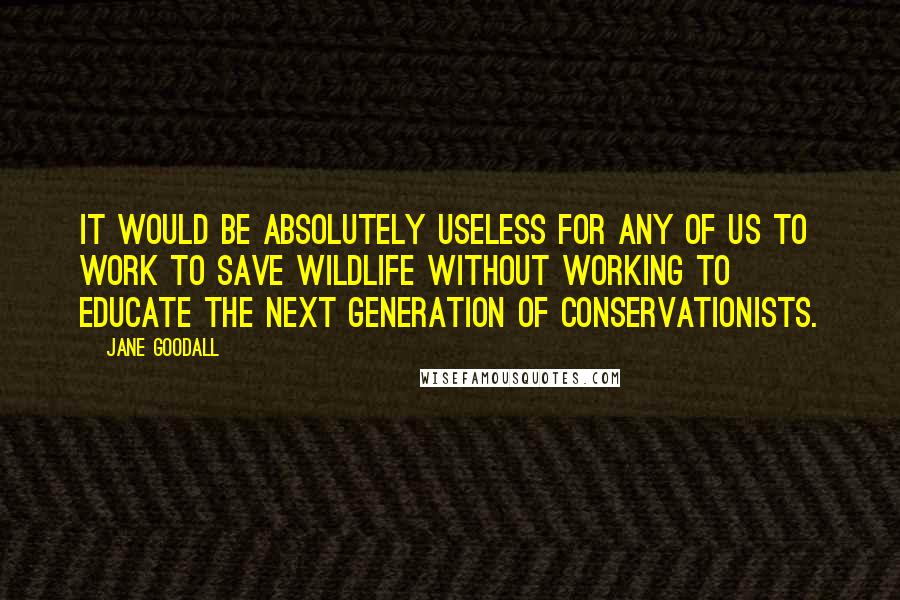 Jane Goodall Quotes: It would be absolutely useless for any of us to work to save wildlife without working to educate the next generation of conservationists.